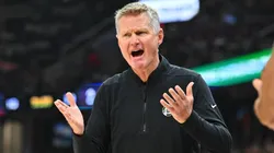 Head coach Steve Kerr of the Golden State Warriors reacts during the first quarter against the Cleveland Cavaliers at Rocket Mortgage Fieldhouse on November 08, 2024 in Cleveland, Ohio.