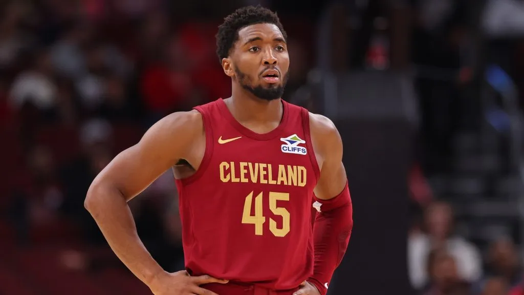 Donovan Mitchell #45 of the Cleveland Cavaliers looks on against the Chicago Bulls during the first half of a preseason game at the United Center on October 18, 2024. (Source: Michael Reaves/Getty Images)