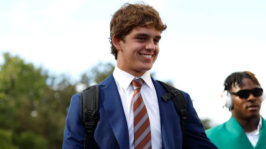 Arch Manning #16 of the Texas Longhorns arrives prior to a game against the Georgia Bulldogs at Darrell K Royal-Texas Memorial Stadium on October 19, 2024. (Source: Tim Warner/Getty Images)
