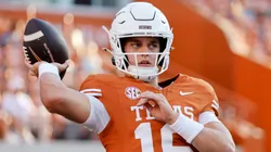 Arch Manning #16 of the Texas Longhorns warms up before the game against the Louisiana Monroe Warhawks at Darrell K Royal-Texas Memorial Stadium on September 21, 2024.