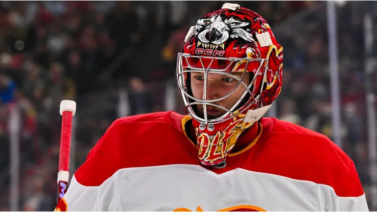 Dustin Wolf #32 of the Calgary Flames skates during the second period against the Montreal Canadiens at the Bell Centre on November 5, 2024 in Montreal, Quebec, Canada.