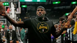 LeBron James #23 of the Los Angeles Lakers takes greets fans before their game against the San Antonio Spurs in the Emirates NBA Cup at the Frost Bank Center on November 15, 2024 in San Antonio, Texas.