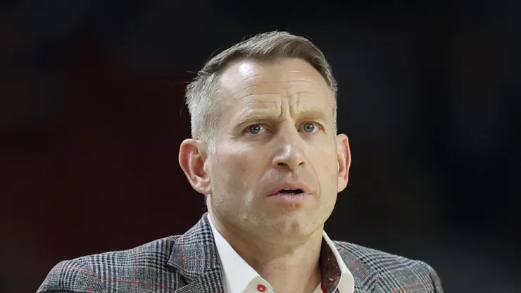 Head coach Nate Oats of the Alabama Crimson Tide looks on in the second half against the Connecticut Huskies in the NCAA Men's Basketball Tournament Final Four semifinal game at State Farm Stadium on April 06, 2024 in Glendale, Arizona.