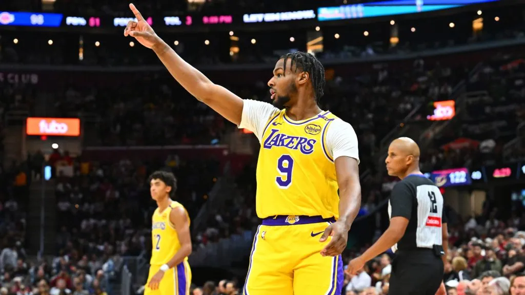 Bronny James #9 of the Los Angeles Lakers signals to a teammate during the fourth quarter against the Cleveland Cavaliers at Rocket Mortgage Fieldhouse. Jason Miller/Getty Images
