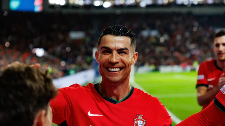 Cristiano Ronaldo seen celebrating after scoring goal during UEFA Nations League game between national teams of Portugal and Poland