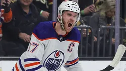 Connor McDavid #97 of the Edmonton Oilers reacts after scoring a short-handed goal against the Vegas Golden Knights in the first period of their game at T-Mobile Arena.