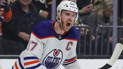 Connor McDavid #97 of the Edmonton Oilers reacts after scoring a short-handed goal against the Vegas Golden Knights in the first period of their game at T-Mobile Arena.