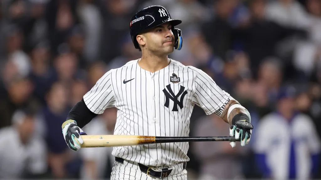 Gleyber Torres #25 of the New York Yankees reacts after hitting a three-run home run during the eighth inning of Game Four of the 2024 World Series against the Los Angeles Dodgers at Yankee Stadium on October 29, 2024 in the Bronx borough of New York City. (Photo by Sarah Stier/Getty Images)