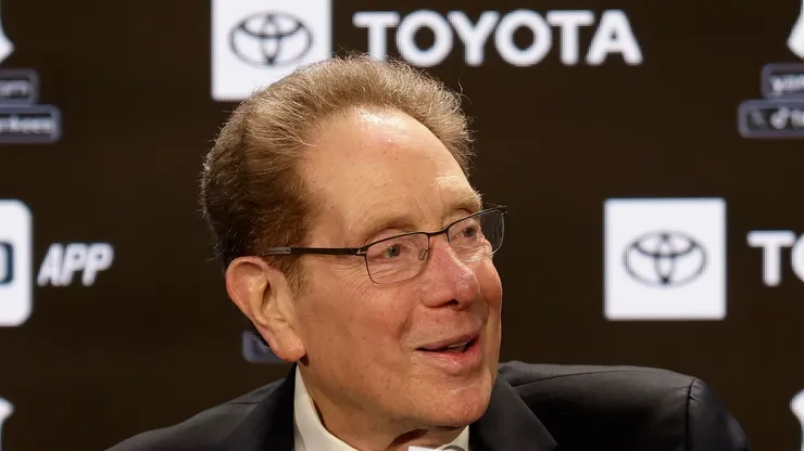 Long time New York Yankees radio broadcaster John Sterling speaks to the media prior to a game against the Tampa Bay Rays at Yankee Stadium on April 20, 2024 in New York City.