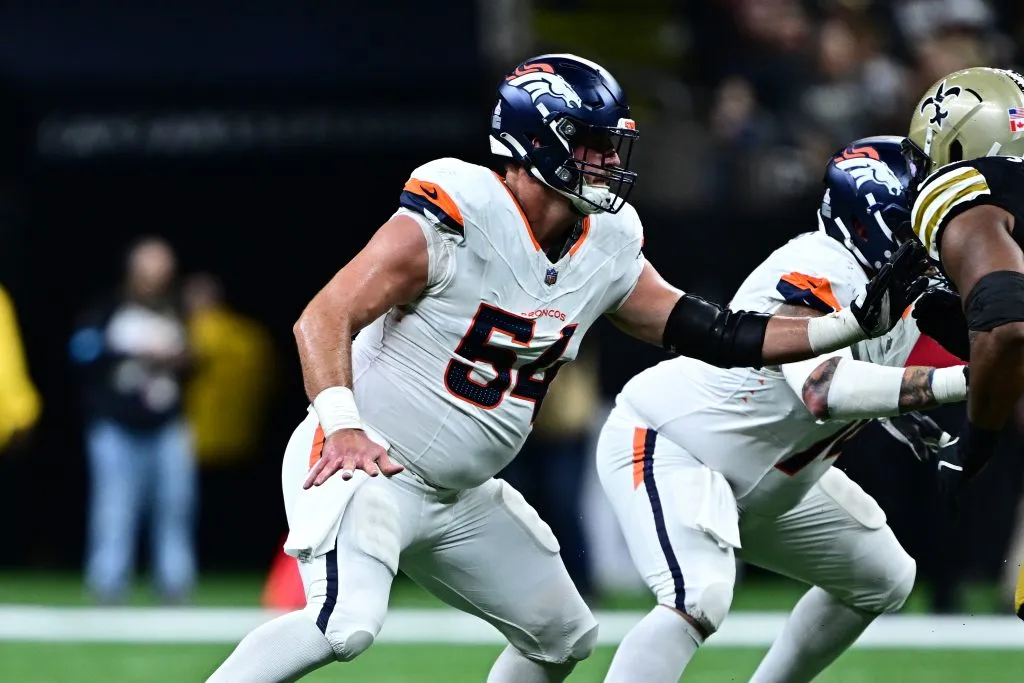 NEW ORLEANS, LOUISIANA – OCTOBER 17: Alex Forsyth #54 of the Denver Broncos in action against the New Orleans Saints at Caesars Superdome on October 17, 2024 in New Orleans, Louisiana. (Photo by Gus Stark/Getty Images)
