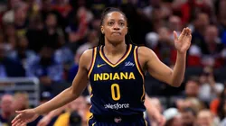 Kelsey Mitchell #0 of the Indiana Fever reacts to a missed shot against the Los Angeles Sparks