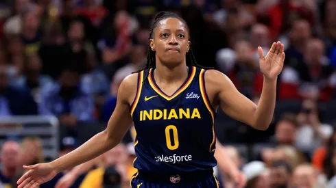 Kelsey Mitchell #0 of the Indiana Fever reacts to a missed shot against the Los Angeles Sparks