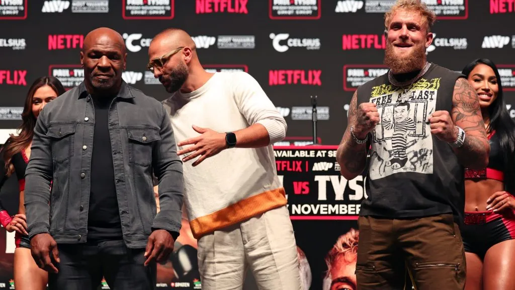 (L-R) Mike Tyson, Nakisa Bidarian, and Jake Paul attend the press conference for LIVE on Netflix: Jake Paul vs. Mike Tyson at the Toyota Music Factory on November 13, 2024 in Dallas, Texas. (Photo by Brett Carlsen/Getty Images for Netflix © 2024)