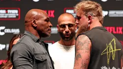 (L-R) Mike Tyson, Nakisa Bidarian, and Jake Paul attend the press conference for LIVE on Netflix: Jake Paul vs. Mike Tyson at the Toyota Music Factory on November 13, 2024 in Dallas, Texas.