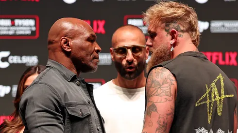 (L-R) Mike Tyson, Nakisa Bidarian, and Jake Paul attend the press conference for LIVE on Netflix: Jake Paul vs. Mike Tyson at the Toyota Music Factory on November 13, 2024 in Dallas, Texas.