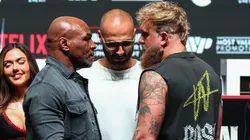 Mike Tyson (left) during the faceoff with Jake Paul (right)