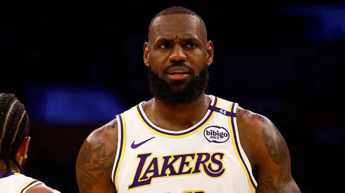 LeBron James #23 and Gabe Vincent #7 of the Los Angeles Lakers in the second half at Crypto.com Arena on November 10, 2024 in Los Angeles, California.