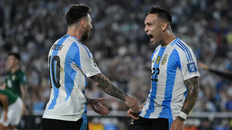 Lionel Messi and Lautaro Martinez of Argentina celebrate against Bolivia