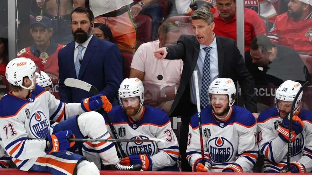 Edmonton Oilers head coach Kris Knoblauch calls a play during the third period against the Florida Panthers in Game Five of the 2024 Stanley Cup Final at Amerant Bank Arena. (Photo by Elsa/Getty Images)