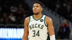 Giannis Antetokounmpo #34 of the Milwaukee Bucks walks backcourt during a preseason game against the Chicago Bulls at Fiserv Forum on October 14, 2024 in Milwaukee, Wisconsin.