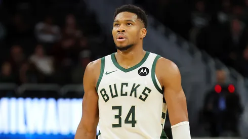 Giannis Antetokounmpo #34 of the Milwaukee Bucks walks backcourt during a preseason game against the Chicago Bulls at Fiserv Forum on October 14, 2024 in Milwaukee, Wisconsin.