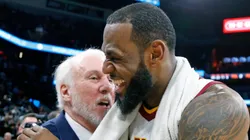 LeBron James #23 of the Cleveland Cavaliers is congratulated by Gregg Popovich head coach of the San Antonio Spurs at the end of the game at AT&T Center on January 23, 2018 in San Antonio, Texas.