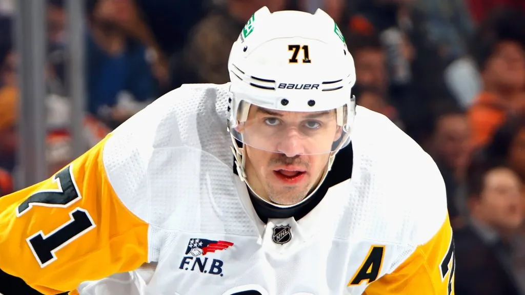 Evgeni Malkin #71 of the Pittsburgh Penguins skates against the Philadelphia Flyers at the Wells Fargo Center on December 04, 2023 in Philadelphia, Pennsylvania.
