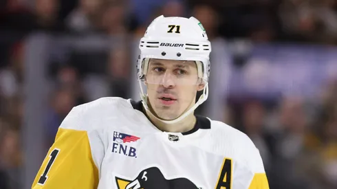 Evgeni Malkin #71 of the Pittsburgh Penguins during the first period of the NHL game against the Arizona Coyotes at Mullett Arena on January 22, 2024 in Tempe, Arizona.