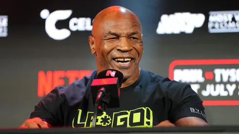 Mike Tyson speaks onstage during the Jake Paul vs. Mike Tyson Boxing match Arlington press conference at Texas Live! on May 16, 2024 in Arlington, Texas.