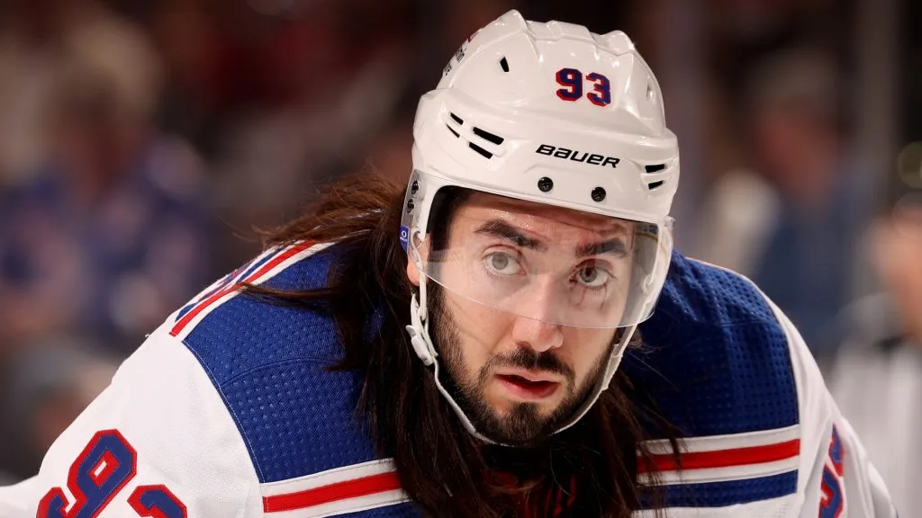 Mika Zibanejad #93 of the New York Rangers waits for the face off during the first period against the New Jersey Devils at Prudential Center on November 18, 2023 in Newark, New Jersey.
