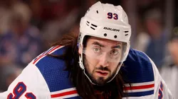 Mika Zibanejad #93 of the New York Rangers waits for the face off during the first period against the New Jersey Devils at Prudential Center on November 18, 2023 in Newark, New Jersey.