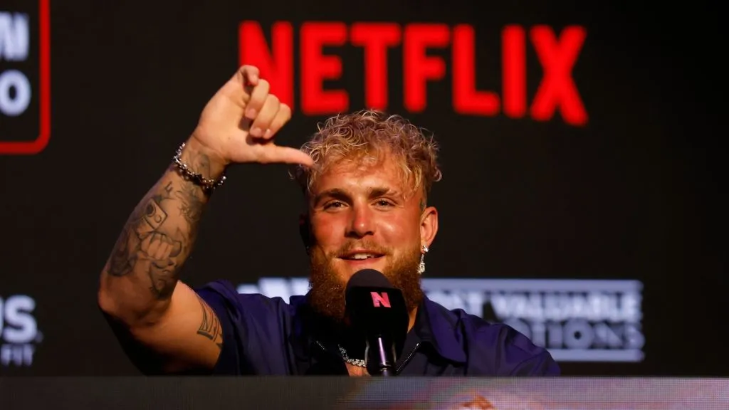 Jake Paul speaks onstage at the press conference in promotion for the upcoming Jake Paul vs. Mike Tyson boxing match at The Apollo Theater on May 13, 2024. (Source: Sarah Stier/Getty Images for Netflix)