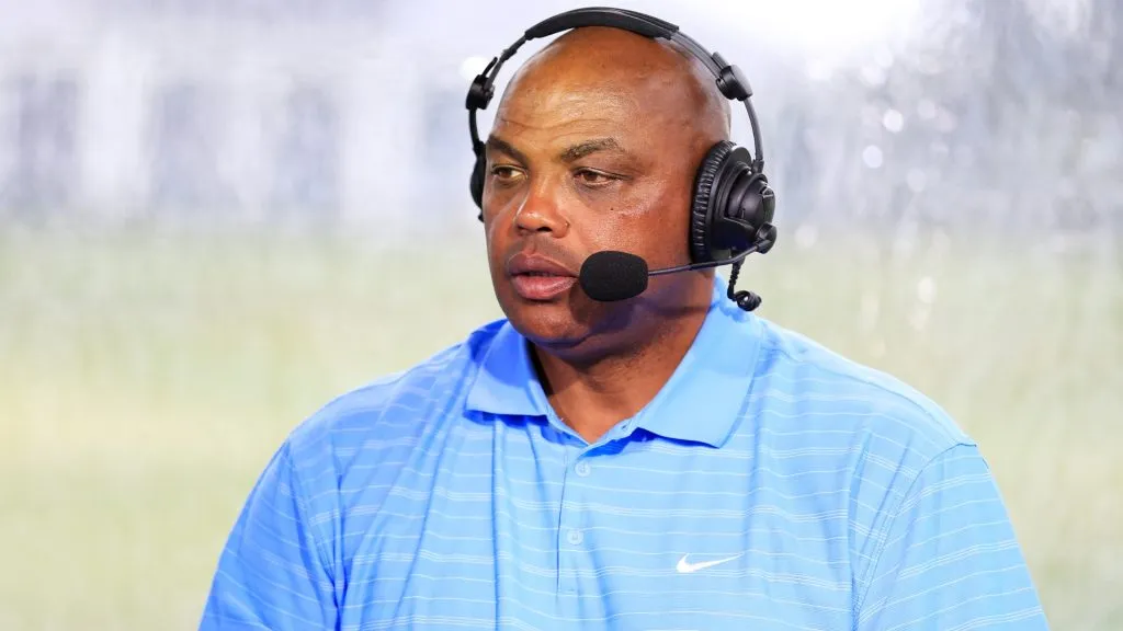 Charles Barkley commentates from the booth during The Match: Champions For Charity at Medalist Golf Club on May 24, 2020 in Hobe Sound, Florida. (Photo by Cliff Hawkins/Getty Images for The Match)