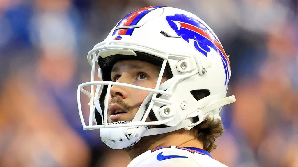 Josh Allen #17 of the Buffalo Bills looks on during the fourth quarter against the Indianapolis Colts at Lucas Oil Stadium on November 10, 2024 in Indianapolis, Indiana.