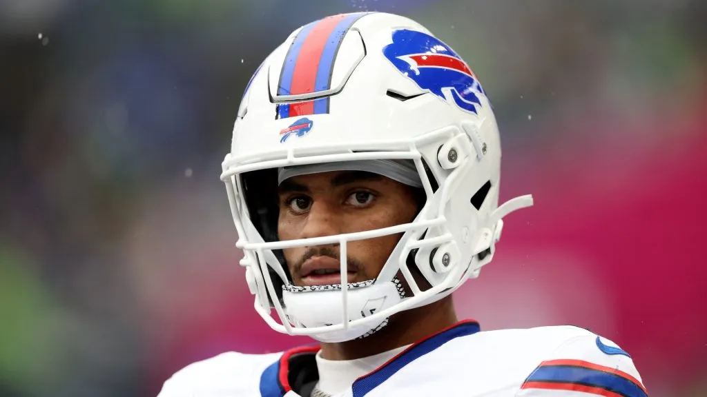 Keon Coleman #0 of the Buffalo Bills looks on against the Seattle Seahawks at Lumen Field on October 27, 2024 in Seattle, Washington.