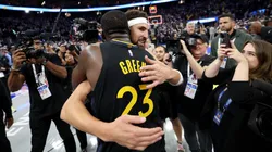 Klay Thompson #31 of the Dallas Mavericks hugs former teammate Draymond Green #23 of the Golden State Warriors after their game at Chase Center on November 12, 2024 in San Francisco, California. This is Thompson's first game back in Golden State after he was traded to Dallas after last season.