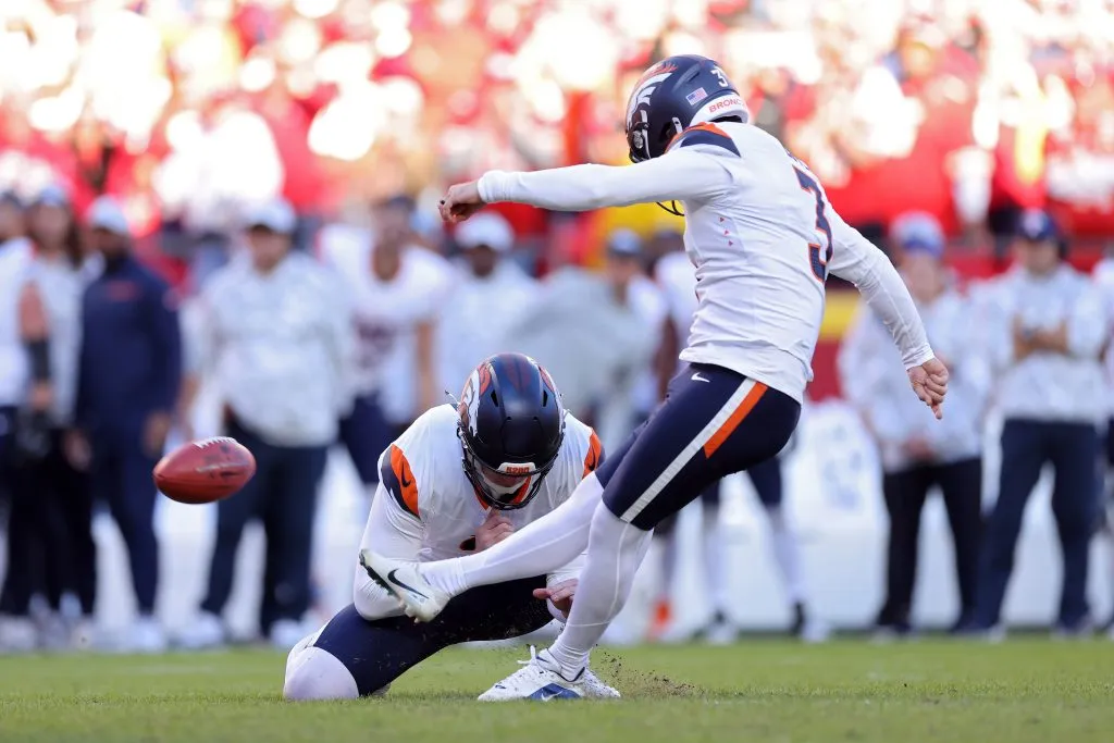 KANSAS CITY, MISSOURI – NOVEMBER 10: Wil Lutz #3 of the Denver Broncos attempts a field goal that was blocked in the fourth quarter of a game against the Kansas City Chiefs at GEHA Field at Arrowhead Stadium on November 10, 2024 in Kansas City, Missouri. (Photo by Jamie Squire/Getty Images)