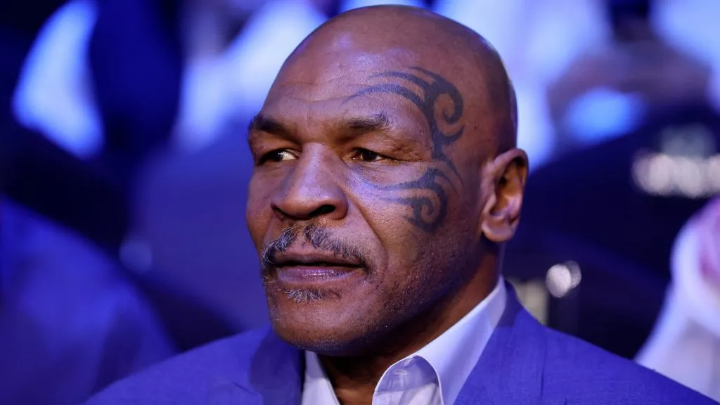 Former Boxer Mike Tyson looks on prior to the Cruiserweight Title fight between Jake Paul and Tommy Fury at the Diriyah Arena on February 26, 2023. (Source: Francois Nel/Getty Images)