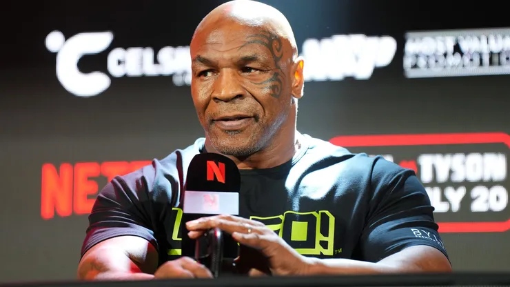 Mike Tyson speaks onstage during the Jake Paul vs. Mike Tyson Boxing match Arlington press conference at Texas Live! on May 16, 2024 in Arlington, Texas.