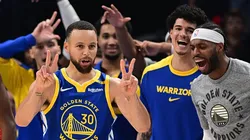 Stephen Curry #30 of the Golden State Warriors reacts in front of his bench after scoring in the second half against the Oklahoma City Thunder at Paycom Center on November 10, 2024 in Oklahoma City, Oklahoma.