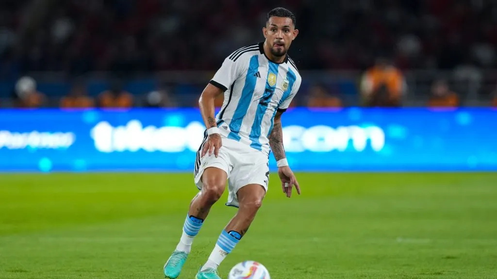 Facundo Medina of Argentina kicks the ball during the international friendly between Indonesia and Argentina at Gelora Bung Karno Stadium. Thananuwat Srirasant/Getty Images