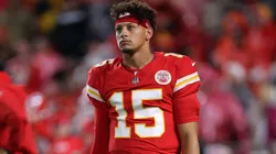 Quarterback Patrick Mahomes #15 of the Kansas City Chiefs warms up prior to the game against the Tampa Bay Buccaneers at GEHA Field at Arrowhead Stadium on November 04, 2024 in Kansas City, Missouri.