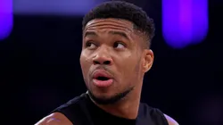 Giannis Antetokounmpo #34 of the Milwaukee Bucks warms up before the game against the New York Knicks at Madison Square Garden on November 08, 2024.