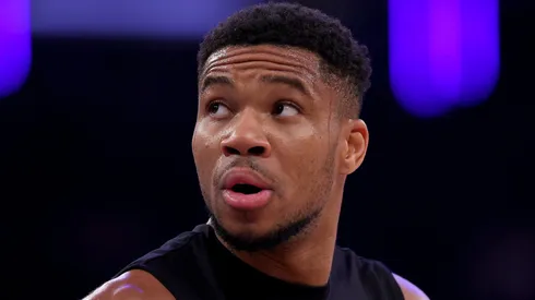 Giannis Antetokounmpo #34 of the Milwaukee Bucks warms up before the game against the New York Knicks at Madison Square Garden on November 08, 2024.