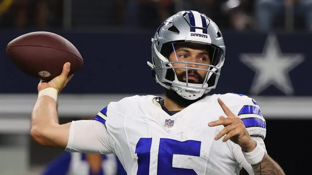 Will Grier #15 of the Dallas Cowboys passes the ball in the second half against the Las Vegas Raiders in a preseason game at AT&amp;T Stadium on August 26, 2023 in Arlington, Texas.
