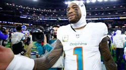 Tua Tagovailoa #1 of the Miami Dolphins celebrates after defeating the Los Angeles Rams in the game at SoFi Stadium on November 11, 2024 in Inglewood, California.