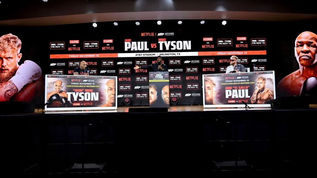 Mike Tyson and Jake Paul face off at an exclusive press conference ahead of their November bout during the Fanatics Fest NYC 2024 at Jacob Javits Center on August 18, 2024 in New York City. (Photo by Roy Rochlin/Getty Images for Fanatics)