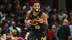 Donovan Mitchell #45 of the Cleveland Cavaliers celebrates after scoring during the third quarter against the Los Angeles Lakers at Rocket Mortgage Fieldhouse on October 30, 2024 in Cleveland, Ohio. The Cavaliers defeated the Lakers 134-110
