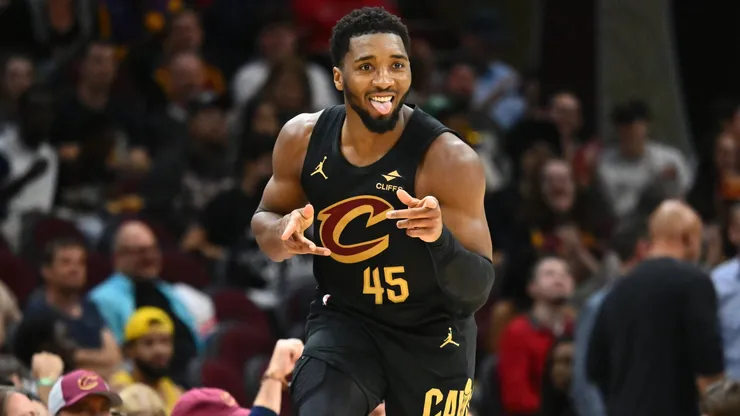 Donovan Mitchell #45 of the Cleveland Cavaliers celebrates after scoring during the third quarter against the Los Angeles Lakers at Rocket Mortgage Fieldhouse on October 30, 2024 in Cleveland, Ohio. The Cavaliers defeated the Lakers 134-110