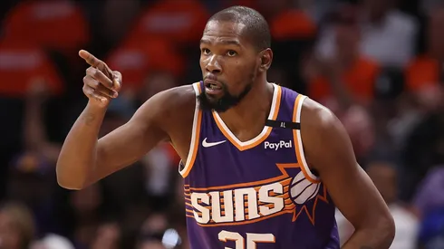 Kevin Durant #35 of the Phoenix Suns reacts to a three-point shot during the NBA game at Footprint Center on October 26, 2024 in Phoenix, Arizona. The Suns defeated the Mavericks 114-102.